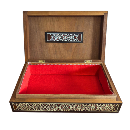 Vintage 1970 Damaszener Mosaik Schmuckschatulle, handgemachtes Andenken aus Holz, Perlmutt-Inlay, syrischer Kunsthandwerksschatz