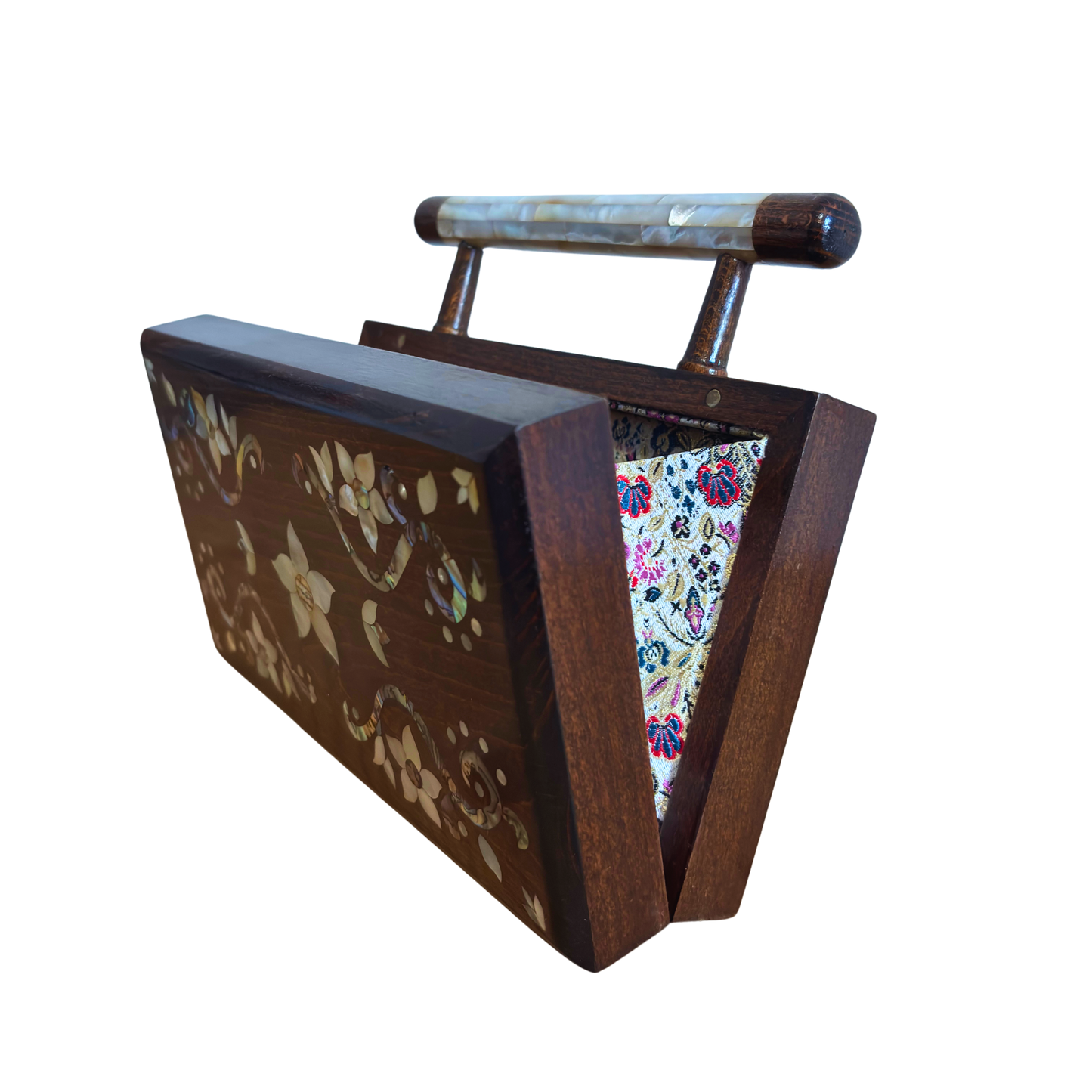 De Tuin van Noor – Handgemaakte Damascener Clutch van Notenhout met Bloemen-Inleg van Parelmoer