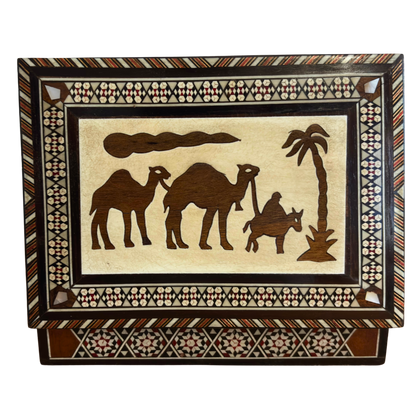 Vintage Kamel Mosaik-Schmuckbox – 1970 handgefertigte damaszener Kunst mit Perlmutt-Einlegearbeit
