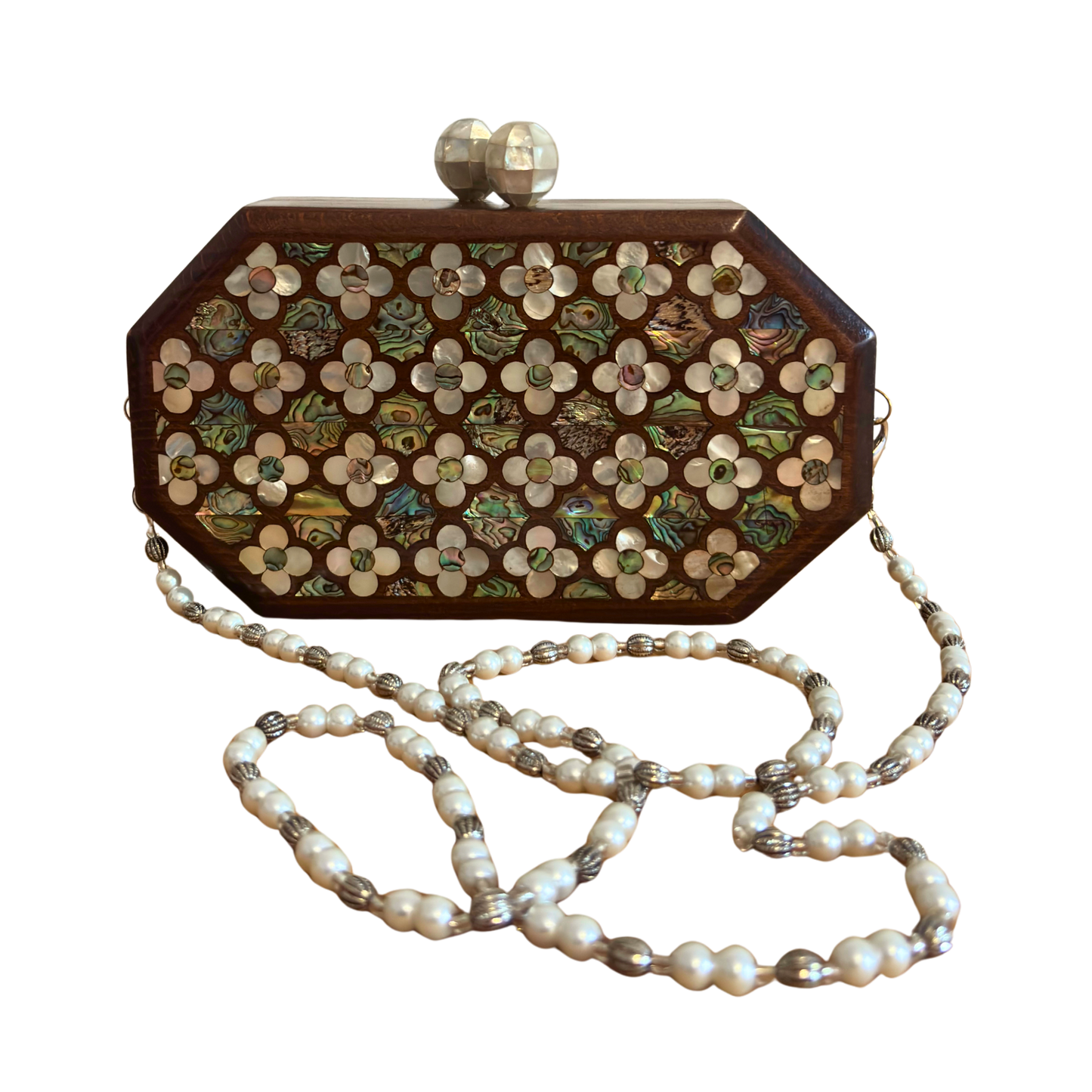 Het Gefluister van Rozen – Handgemaakte Damascener Clutch van Notenhout met Parelmoerroos en Parelketting