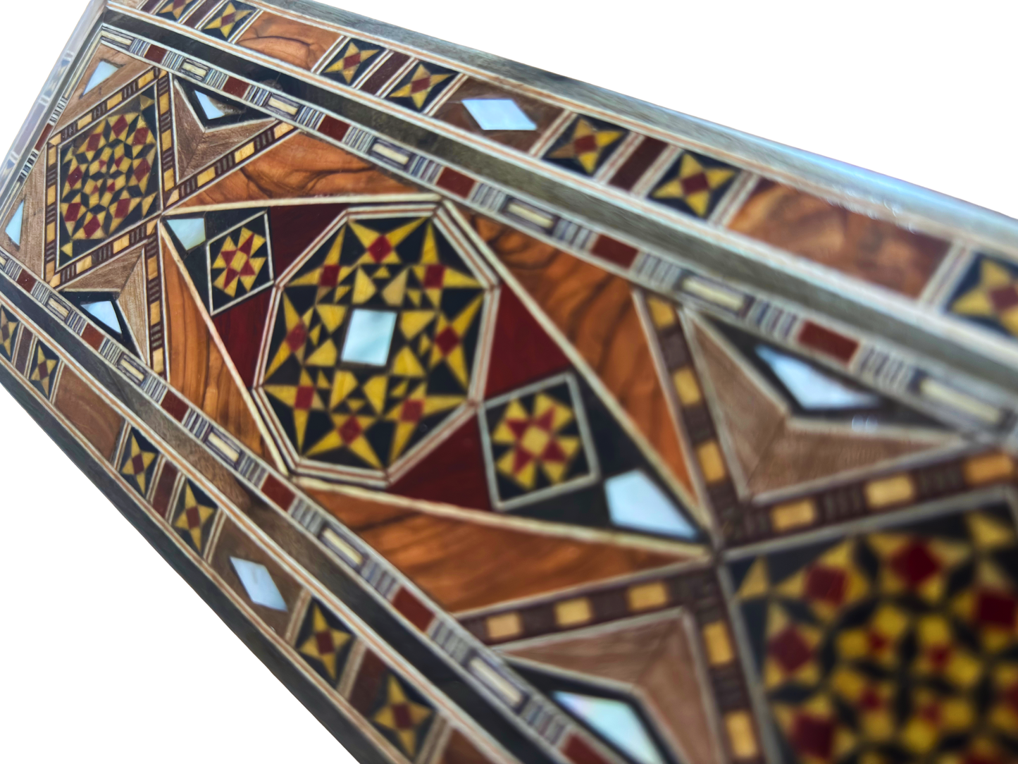 Damaszener Mosaikstift & Schmuckschatulle, lange rechteckige handgefertigte Truhe, Perlmutt-Inlay, syrische orientalische Kunsthandwerkskunst 