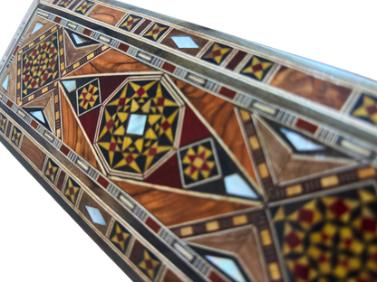 Damaszener Mosaikstift & Schmuckschatulle, lange rechteckige handgefertigte Truhe, Perlmutt-Inlay, syrische orientalische Kunsthandwerkskunst 