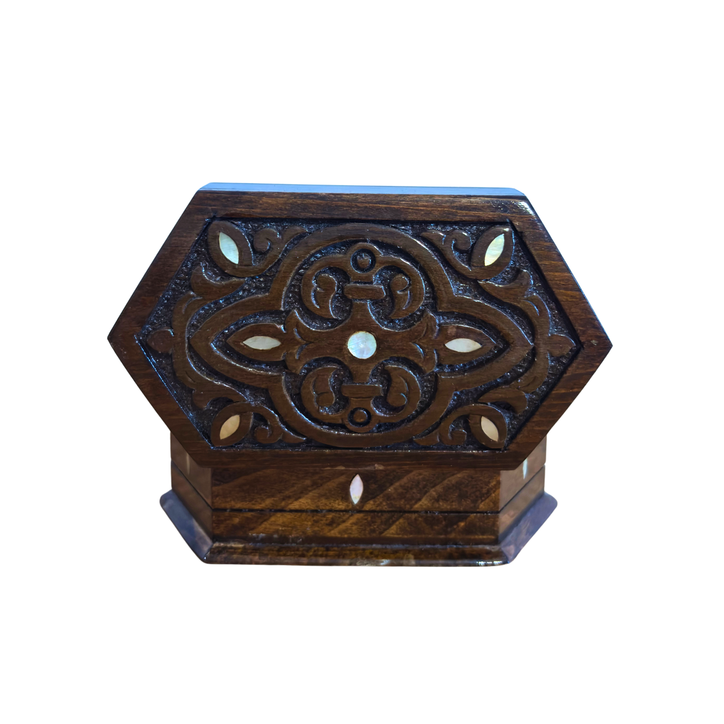 Boîte en Bois de Hêtre Sculptée à la Main avec Nacre et Intérieur en Velours – Design Oriental Intemporel