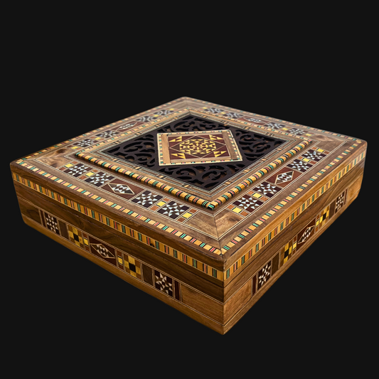 Grande Boîte à Mosaïque Damascène – Coffret Carré à Bijoux Artisanale avec Incrustation de Bois Fin et Intérieur en Velours