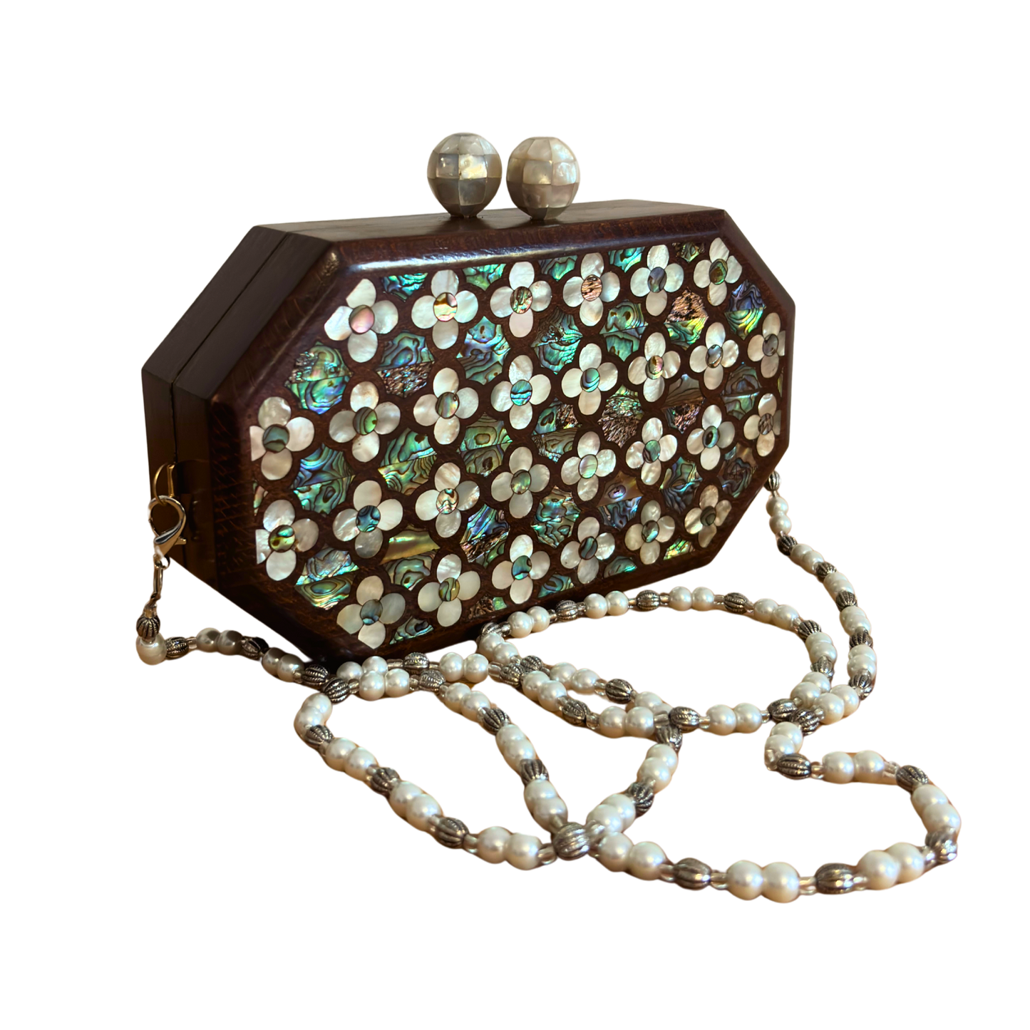 Het Gefluister van Rozen – Handgemaakte Damascener Clutch van Notenhout met Parelmoerroos en Parelketting