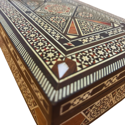 Vintage 1970 Damascene Mosaic Jewelry Box – Handcrafted Oriental Inlay with Mother of Pearl