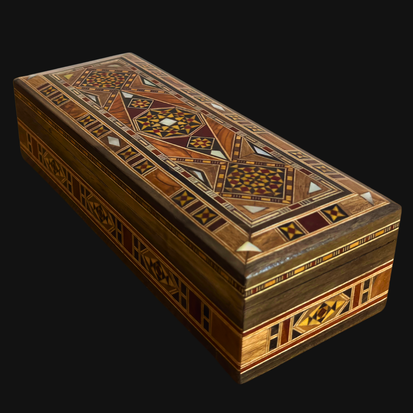 Damaszener Mosaikstift & Schmuckschatulle, lange rechteckige handgefertigte Truhe, Perlmutt-Inlay, syrische orientalische Kunsthandwerkskunst 