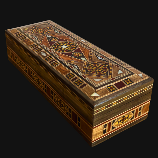 Damaszener Mosaikstift & Schmuckschatulle, lange rechteckige handgefertigte Truhe, Perlmutt-Inlay, syrische orientalische Kunsthandwerkskunst 