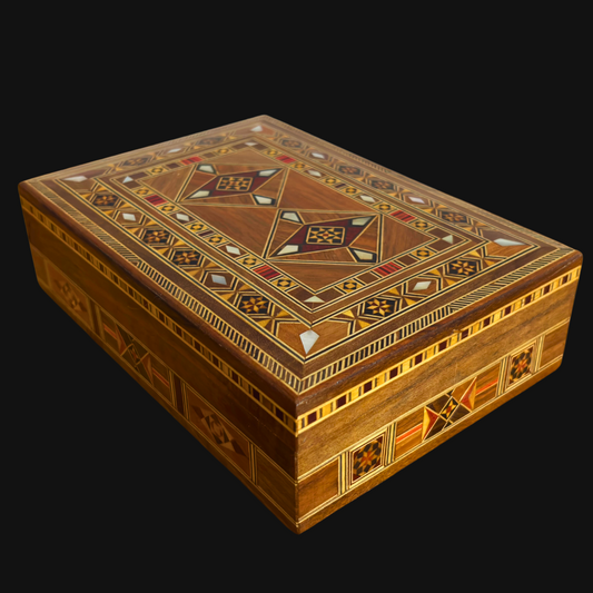 Handgefertigte Mosaik-Schmuckbox mit Perlmutt-Einlegearbeit, luxuriöse Holzschatulle für Erinnerungsstücke, damaszener Kunst – Limitierte Edition –