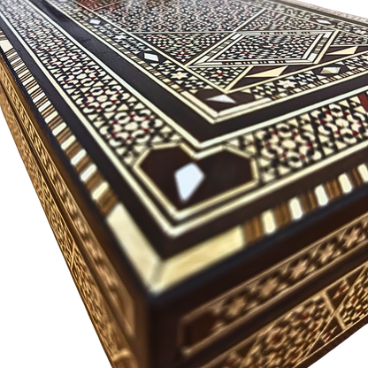 Vintage 1970 Damaszener Mosaik Schmuckschatulle, handgemachtes Andenken aus Holz, Perlmutt-Inlay, syrischer Kunsthandwerksschatz