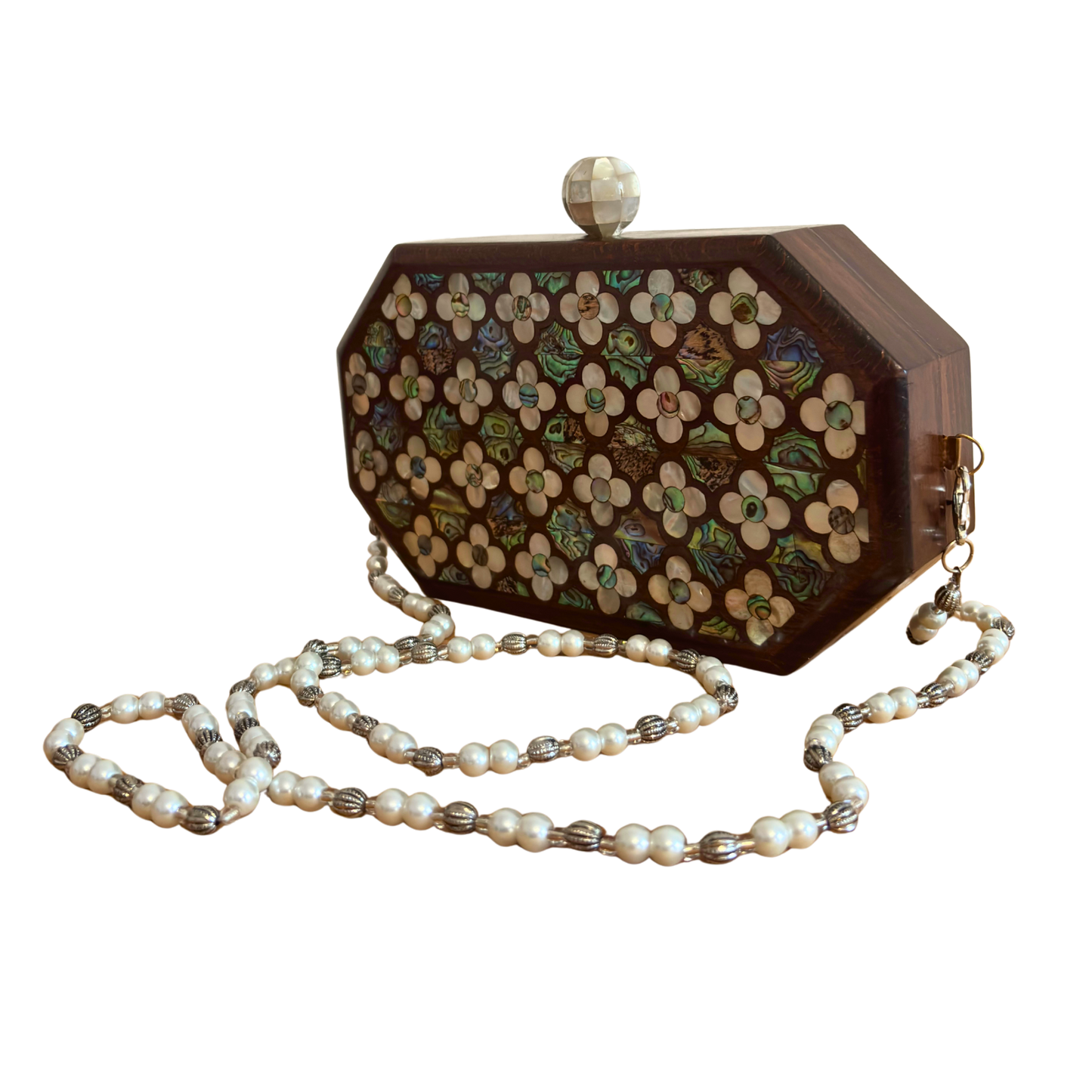 Het Gefluister van Rozen – Handgemaakte Damascener Clutch van Notenhout met Parelmoerroos en Parelketting