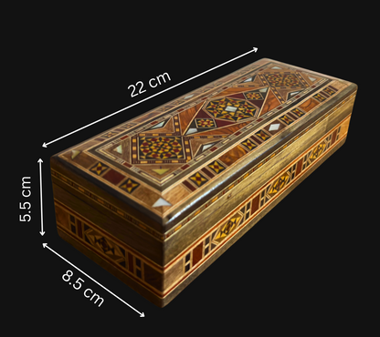 Damaszener Mosaikstift & Schmuckschatulle, lange rechteckige handgefertigte Truhe, Perlmutt-Inlay, syrische orientalische Kunsthandwerkskunst 