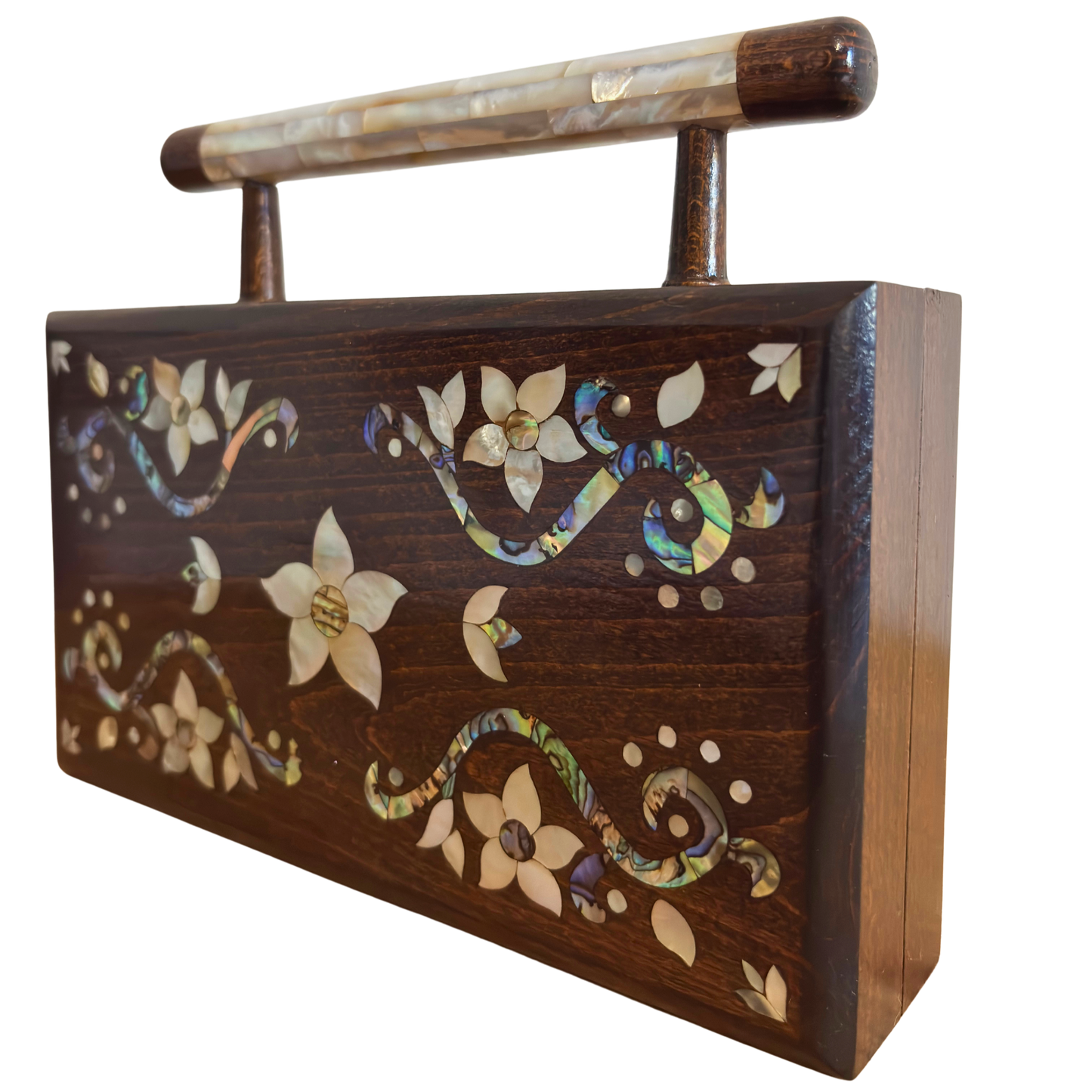De Tuin van Noor – Handgemaakte Damascener Clutch van Notenhout met Bloemen-Inleg van Parelmoer
