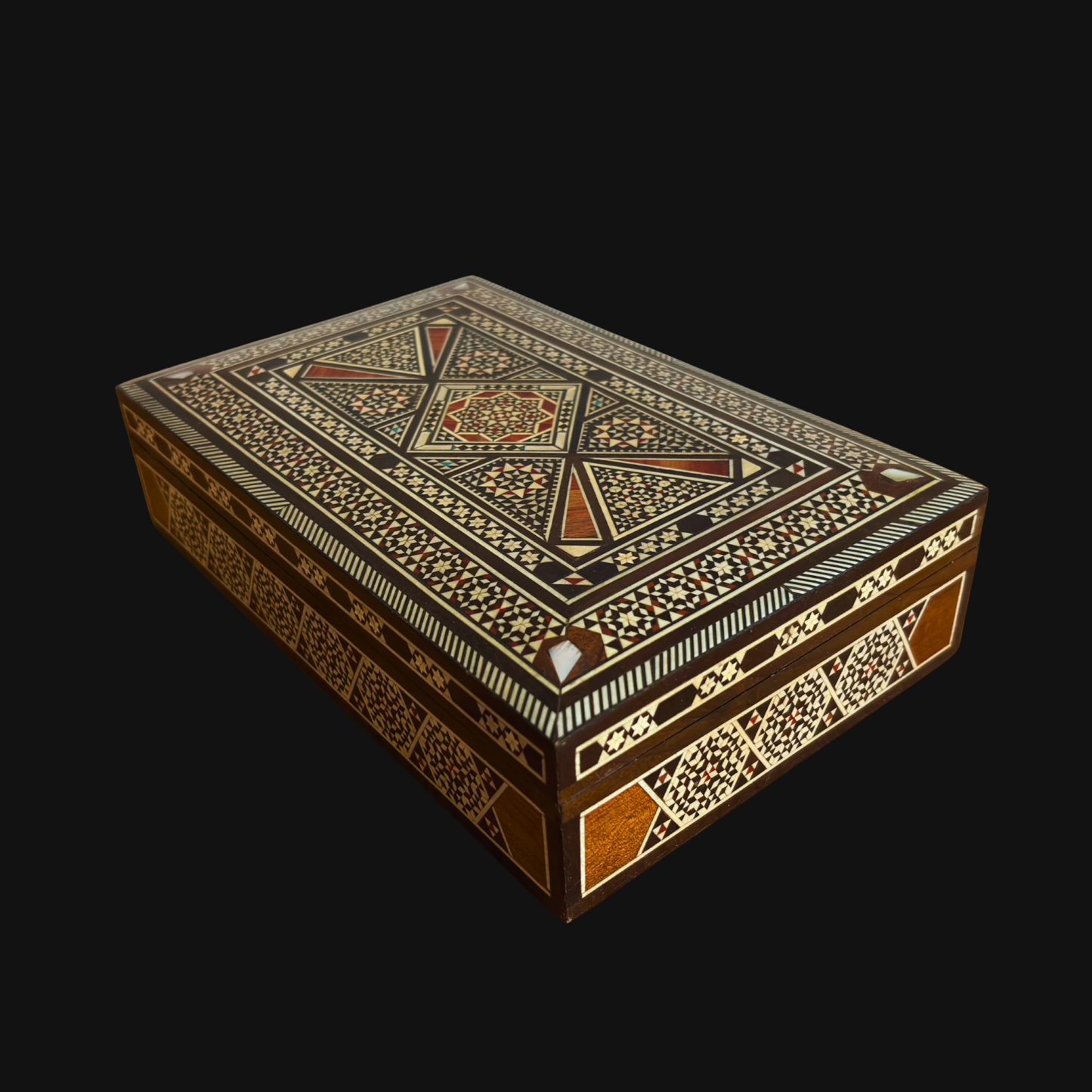 Vintage 1970 Damascene Mosaic Jewelry Box – Handcrafted Oriental Inlay with Mother of Pearl
