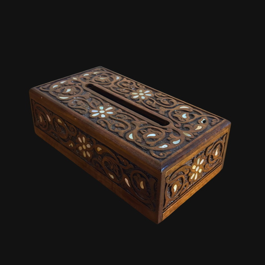 Hand-Carved Beechwood Tissue Box with Mother of Pearl Inlay – Walnut Finish Elegance