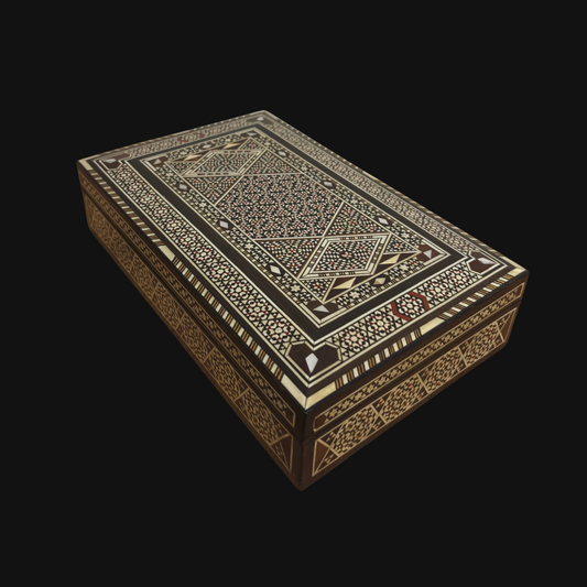 Vintage 1970 Damascene Mosaic Jewelry Box, Handmade Wooden Keepsake, Mother of Pearl Inlay, Syrian Artisan Treasure