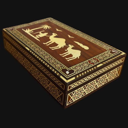 Rare Vintage 1970 Camel Mosaic Box – Handcrafted Damascene Oriental Art with Pearl Inlay