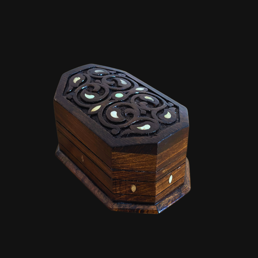 Hand-Carved Beechwood Box with Mother of Pearl Inlay – Walnut Finish Elegance